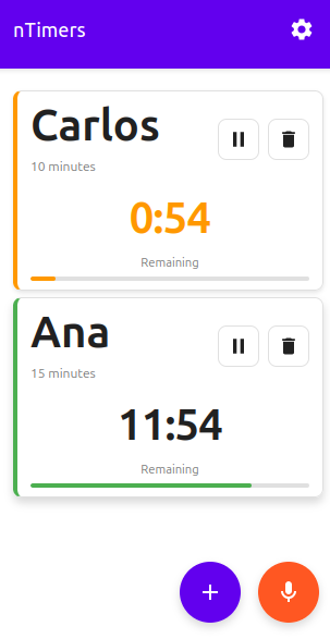 nTimers app interface showing multiple active timers with visual progress bars and countdown displays
